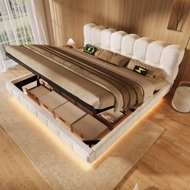 Letto imbottito 180x200 cm con contenitore idraulico, LED e prese USB-C in ciniglia beige