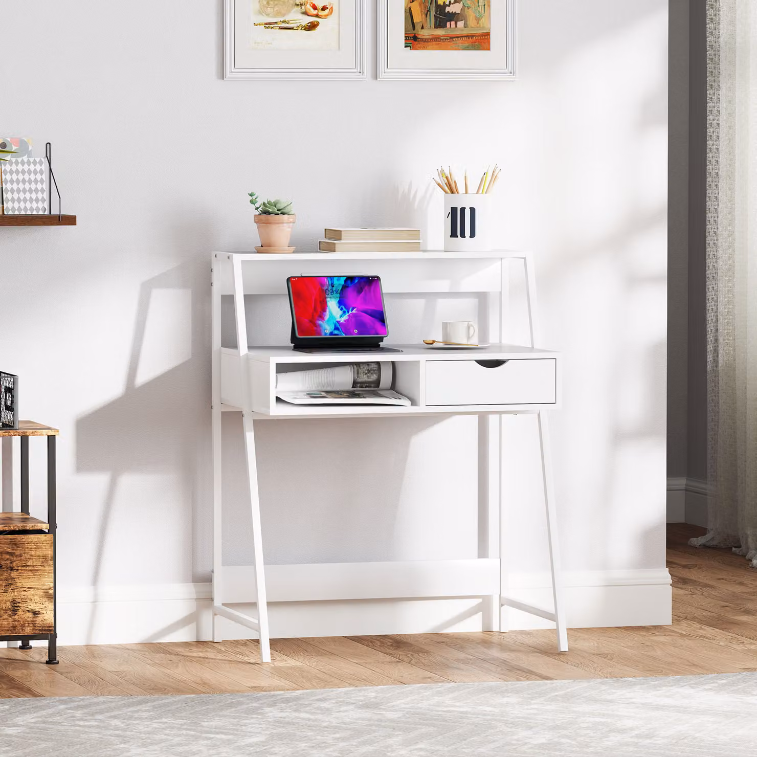 Scrivania Segretario Aosom in Stile Neo-Retro con Cassetto e Mensola in Metallo, Colore Bianco – 2