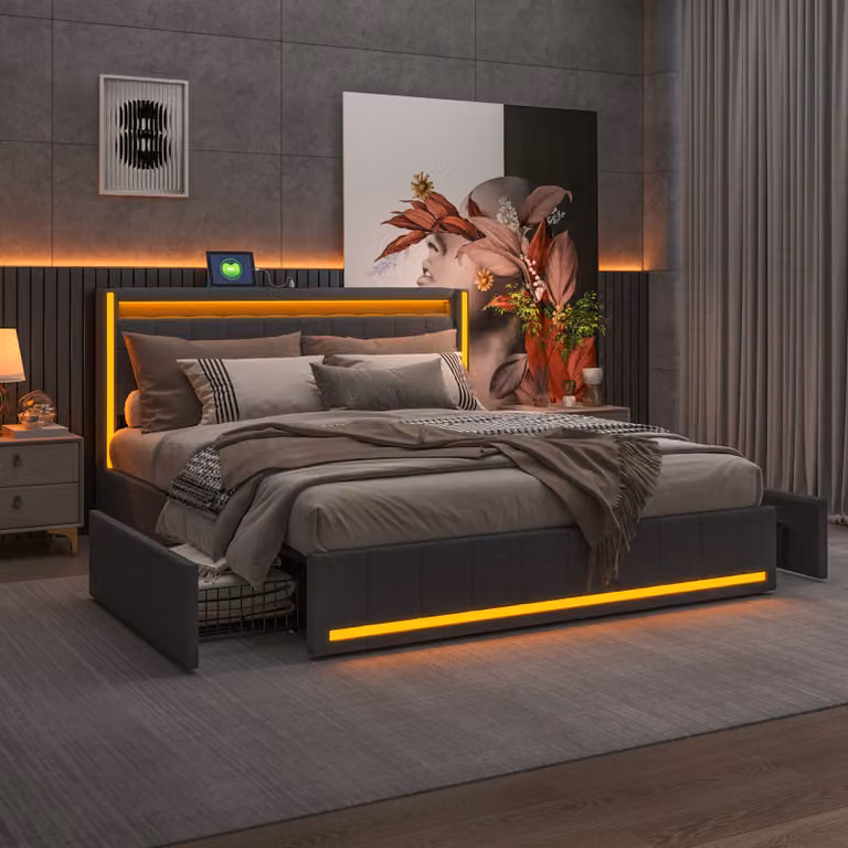 CDGlobal letto imbottito 140x200cm con USB e prese, letto per ragazzi letto matrimoniale con 4 cassetti, letto contenitore letto in legno massiccio con LED/tipo C e rete a doghe, lino, grigio