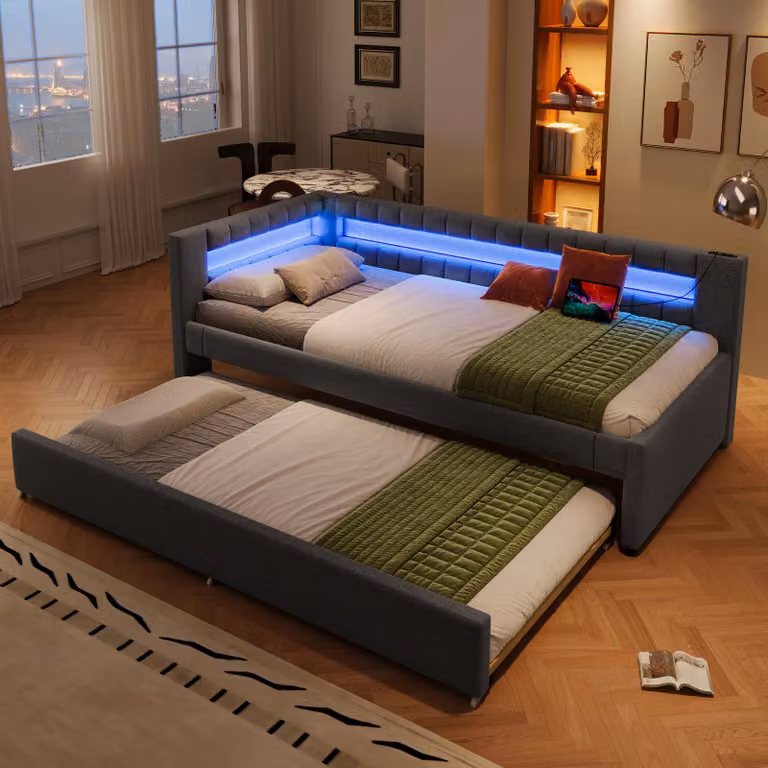 Letto imbottito Flieks 90x200cm con letto estraibile, divano letto daybed con funzione di carico e LED, letto giovanile letto singolo daybed, lino, grigio