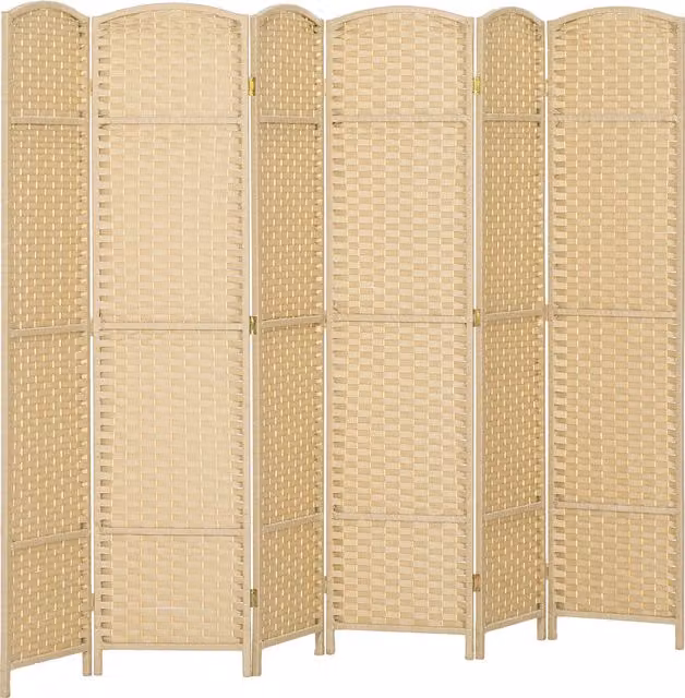 Paravento Divisorio da Interni Pieghevole a 6 Ante HOMCOM in Legno e Rattan, Beige, L: 240 cm, H: 170 cm