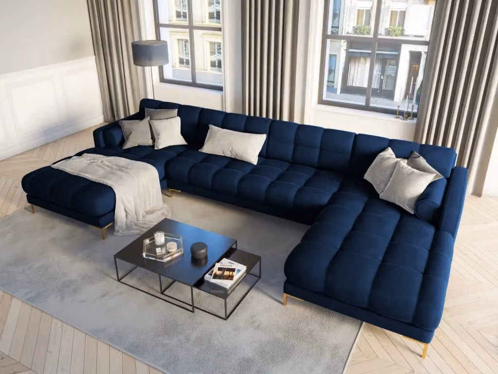Divano panoramico Bali a 7 posti Cosmopolitan Design in velluto blu reale con dettagli oro e struttura in metallo L/P/H: 383 x 185 x 75 cm – 2