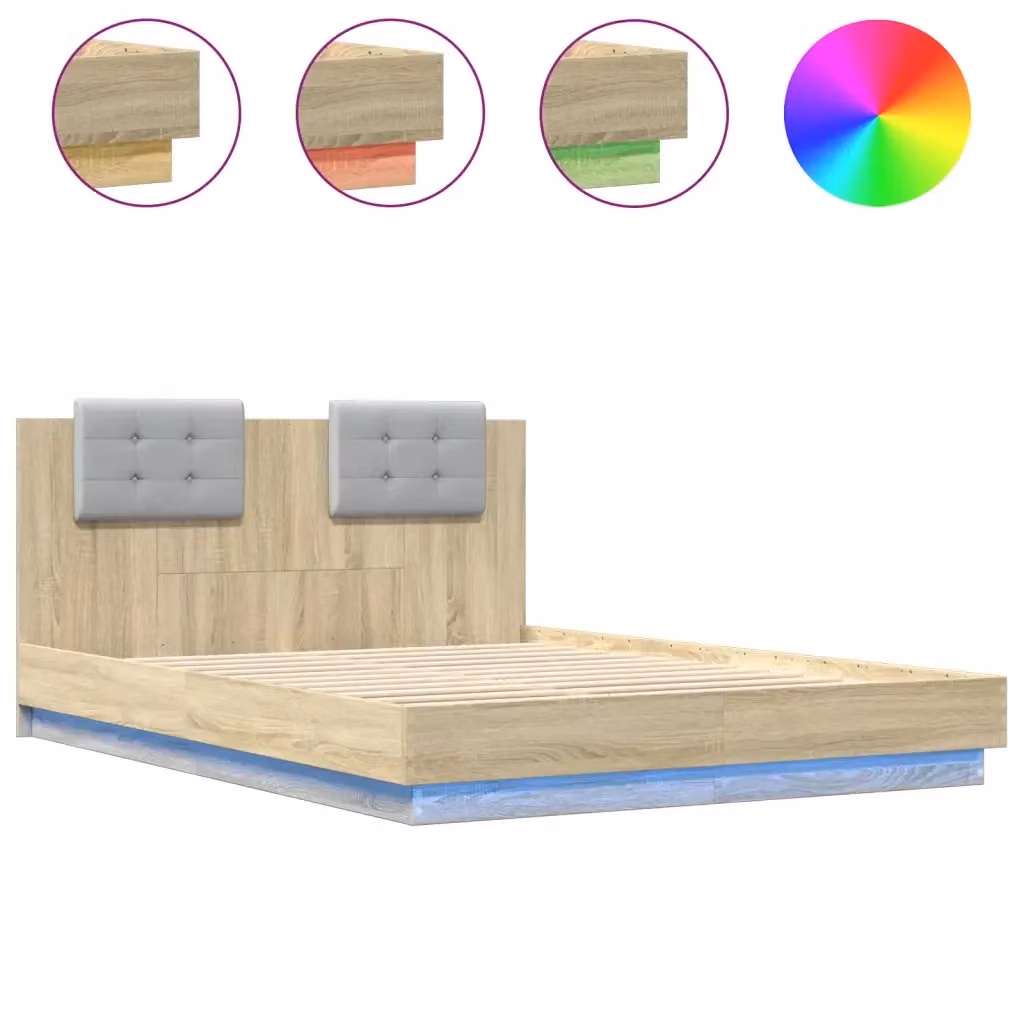 vidaXL Giroletto con Testiera, Illuminazione LED e Porta USB in Rovere Sonoma, L 140 x P 200 cm – 2