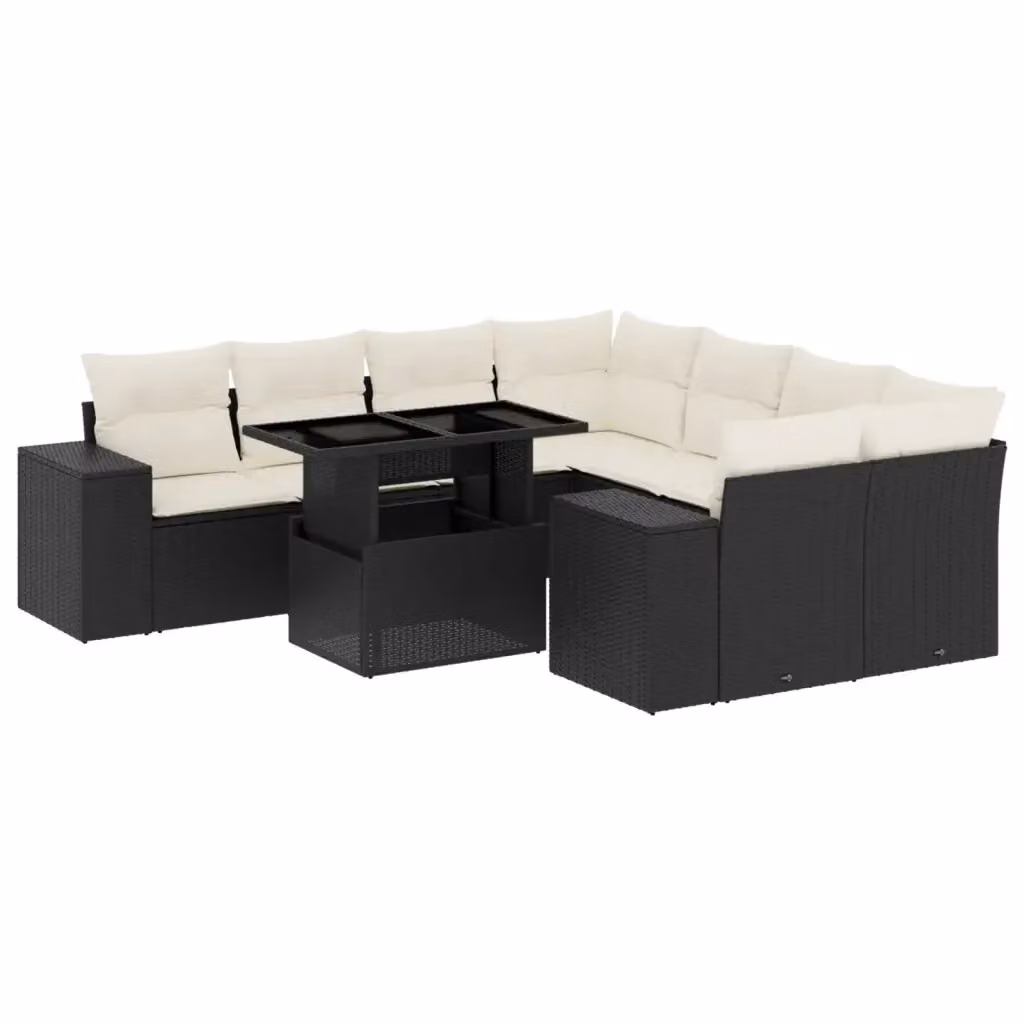 vidaXL Set Divani da Giardino a L 9 pz in Polyrattan Nero con Cuscini e Tavolino da Esterno – 2