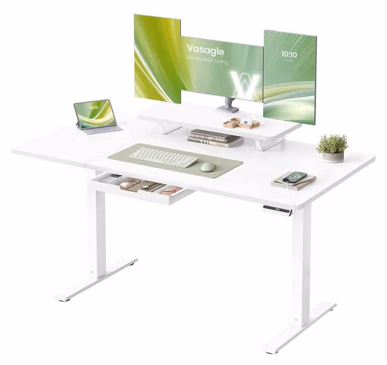 Scrivania regolabile in altezza – scrivania regolabile per stare in piedi – ergonomica – realizzata in pannello di particelle di legno e acciaio – dimensioni 140 x 70 cm – colore bianco