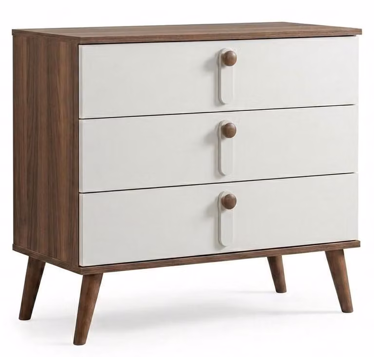 Comò bianco-marrone, design moderno, con 3 cassetti. Eleganti mobili in legno
