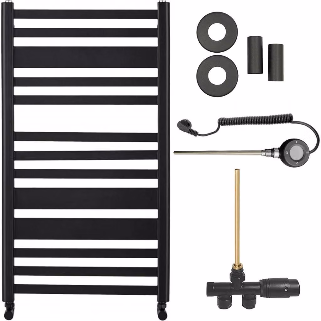 CERANO - Set di radiatori da bagno Enrico - riscaldamento combinato, asta Wi-Fi - attacco laterale a punto singolo - 467 W - nero opaco - 970 x 500 mm