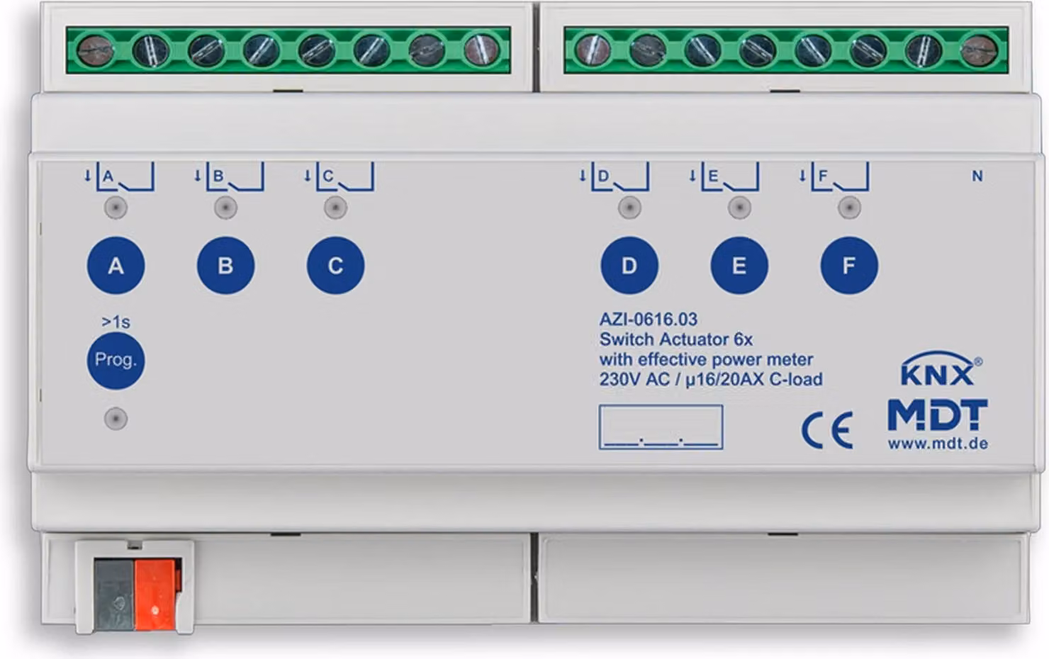 MDT Schaltaktor 6-fach, 8TE, REG, 16/20 A, 230 V AC, 200 µF, 1 pezzo.