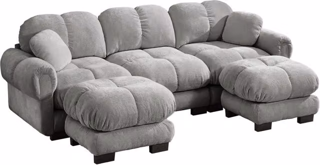 Divano a 3 posti a forma di U in tessuto Chenille grigio chiaro con ottomana mobile e 2 cuscini decorativi