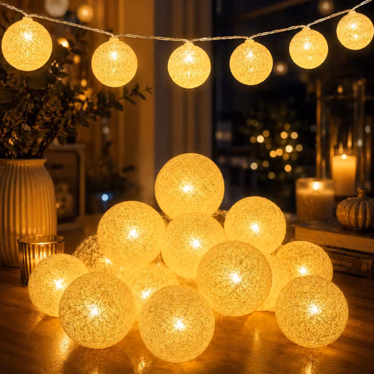 Catena luminosa con 20 palline di cotone, lunghezza 300 cm, luce bianco caldo, alimentata a batteria