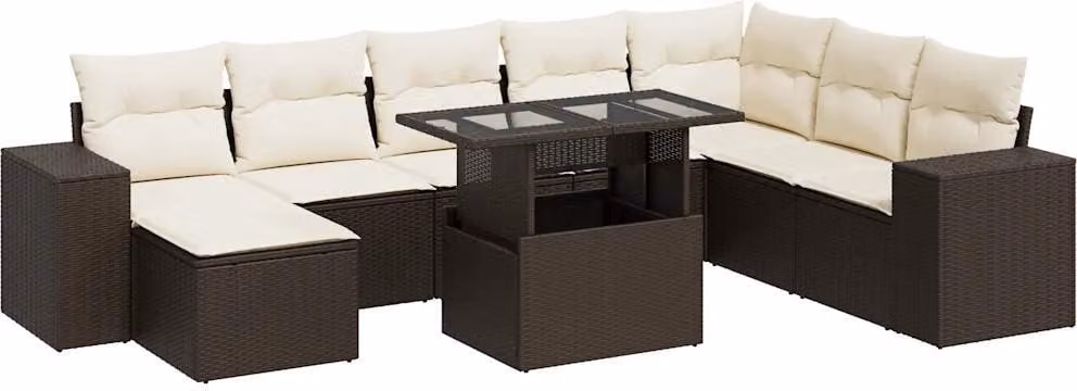 Set Divani da Giardino 9pz con Cuscini Marrone in Polyrattan