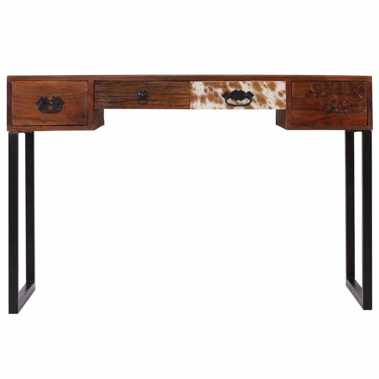 Scrivania Legno Massello di Acacia e Vera Pelle 117x50x76 cm