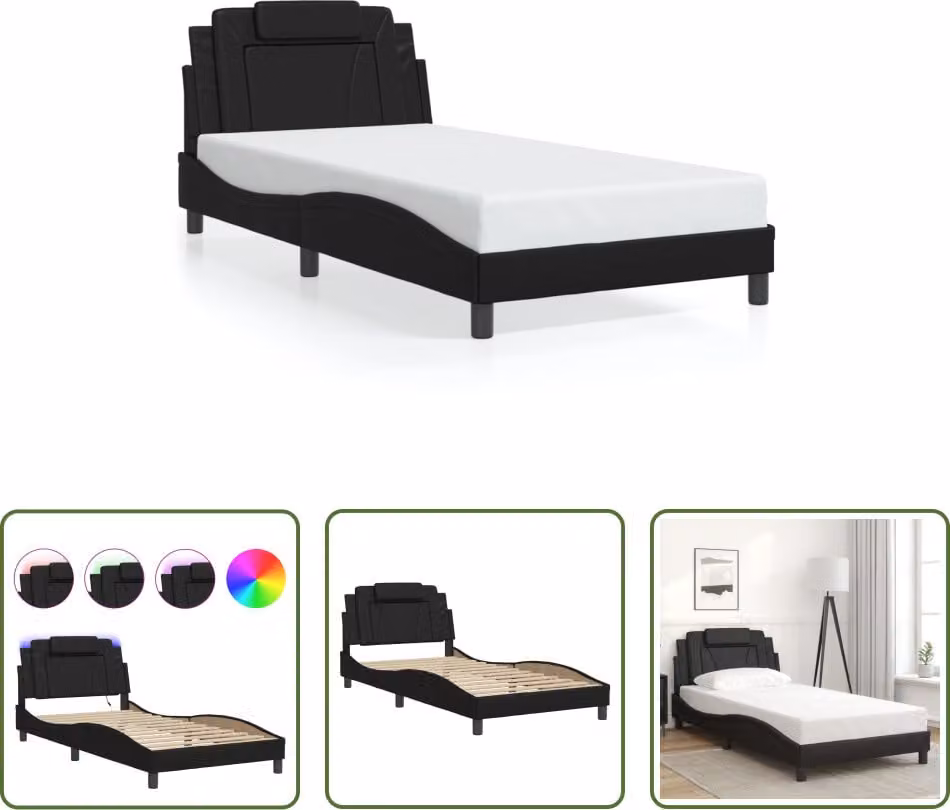 The Living Store Struttura letto con LED nero 100x200 cm in ecopelle