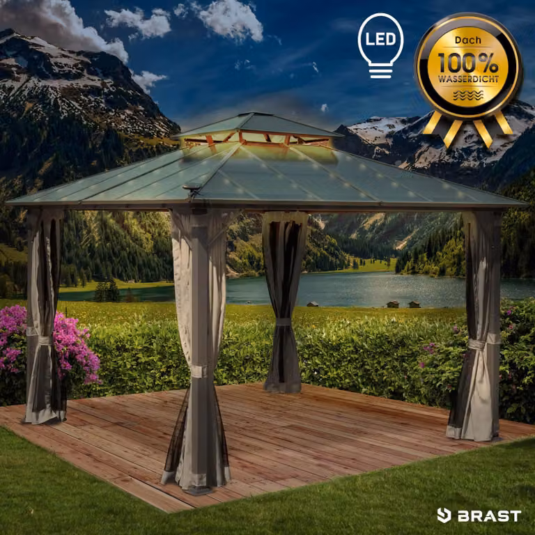Padiglione in alluminio PAGODE 3,5x3,5 m grigio chiaro con zanzariera e illuminazione a LED