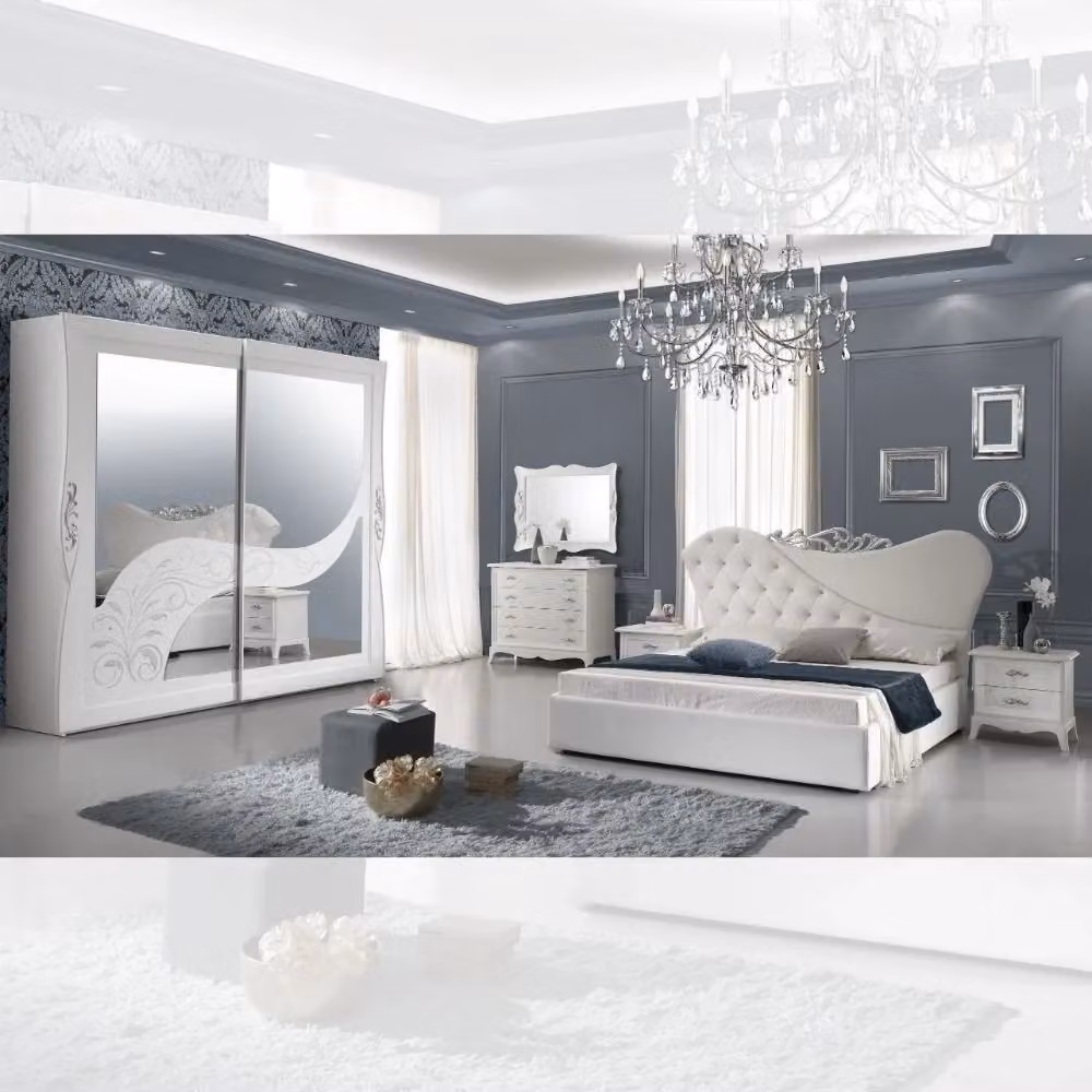 Set camera da letto completa Veriaffari bianca con letto imbottito a contenitore, armadio, cassettiera, comodino e specchio – 2