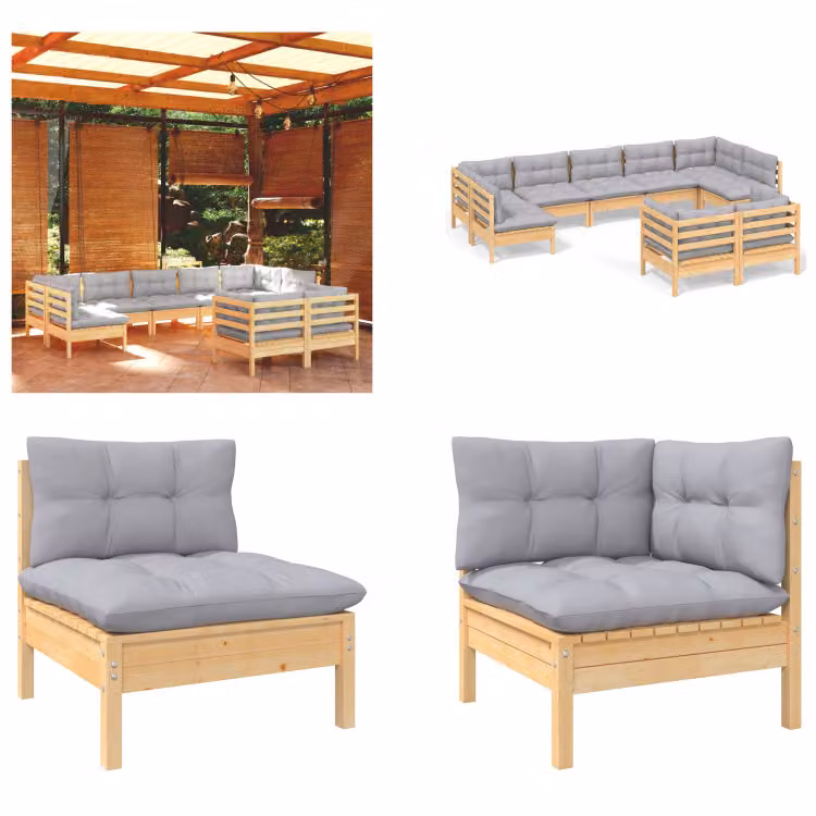 vidaXL Set salotto da giardino 9 pezzi con cuscini grigi in pino massiccio - Set salotto da giardino - Set salotto da giardino - Set mobili da giardino - Set mobili da giardino
