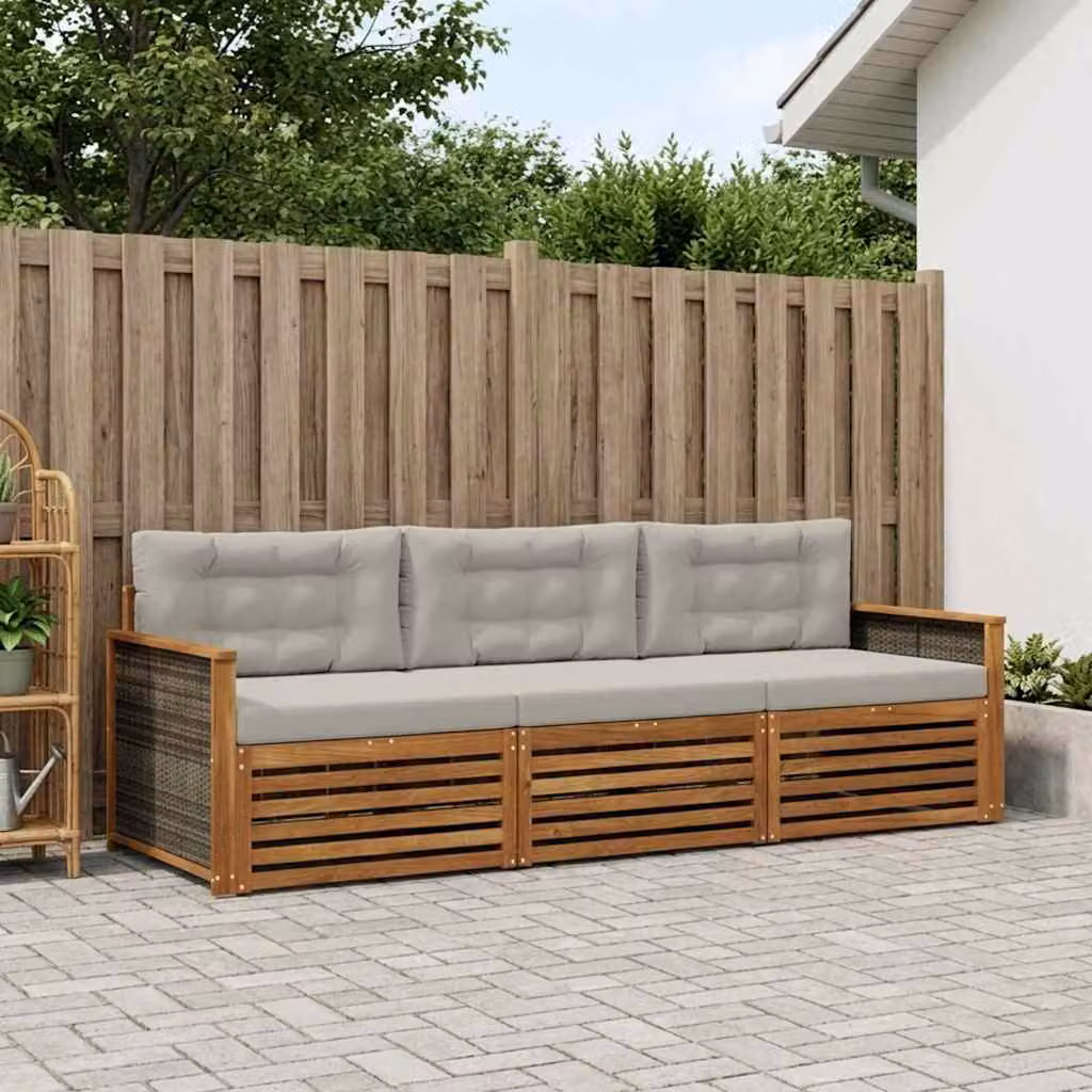 Set di divani da esterno vidaXL in legno di acacia con cuscini, Naturale e Grigio Chiaro