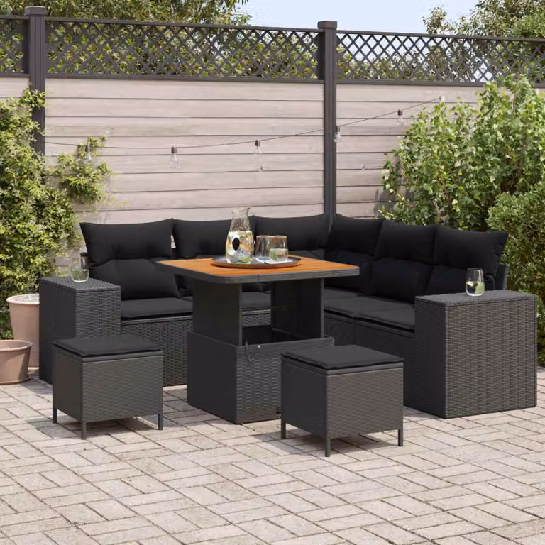 Set Divano da Giardino vidaXL 8 Pezzi L-Shape Nero con Cuscini e Tavolino da Caffè in Polyrattan e Acciaio