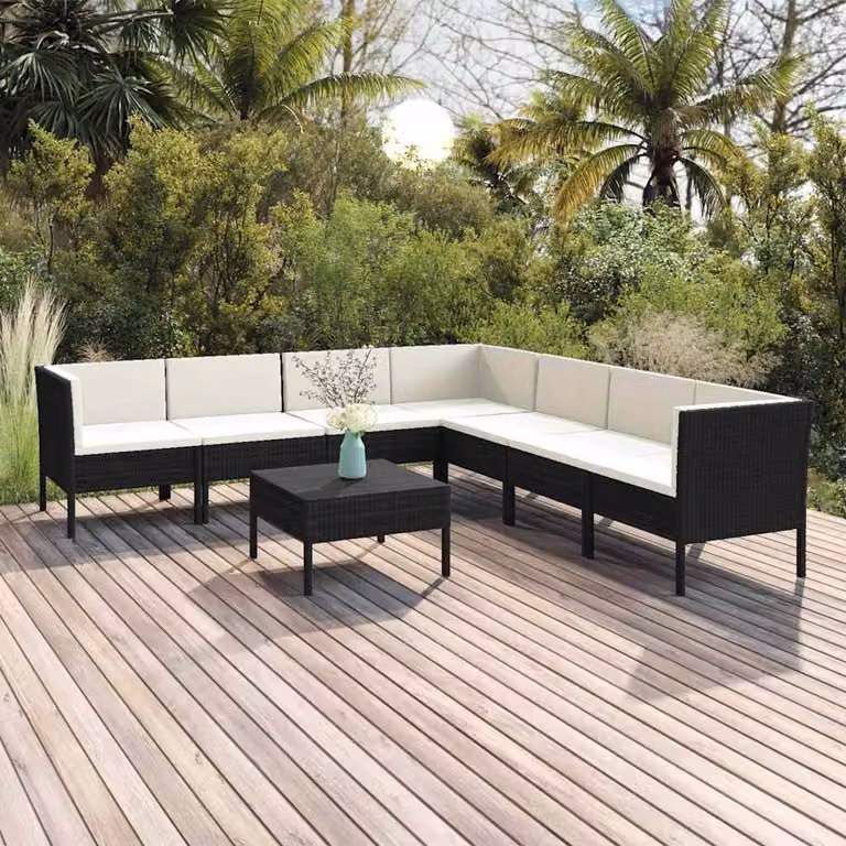 Set di divani da giardino vidaXL a forma di L composto da 8 pezzi con cuscini, struttura in metallo e design moderno in bianco e nero