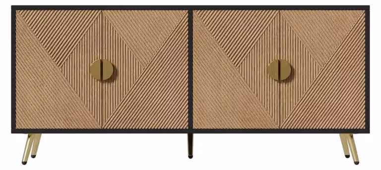 Mobile contenitore – Comodino moderno – 160 cm – 4 ante – Maniglie dorate spazzolate – Gambe in finitura lucida – Ideale per soggiorno, sala da pranzo o camera da letto