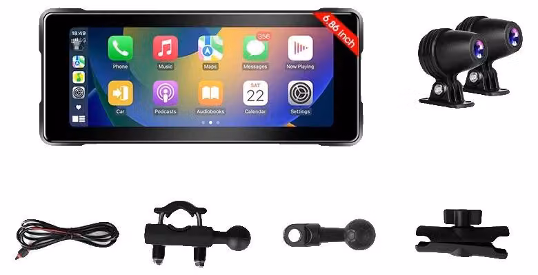 GPS per moto, CarPlay wireless, registrazione con doppia fotocamera, con DVR 1080p, senza a