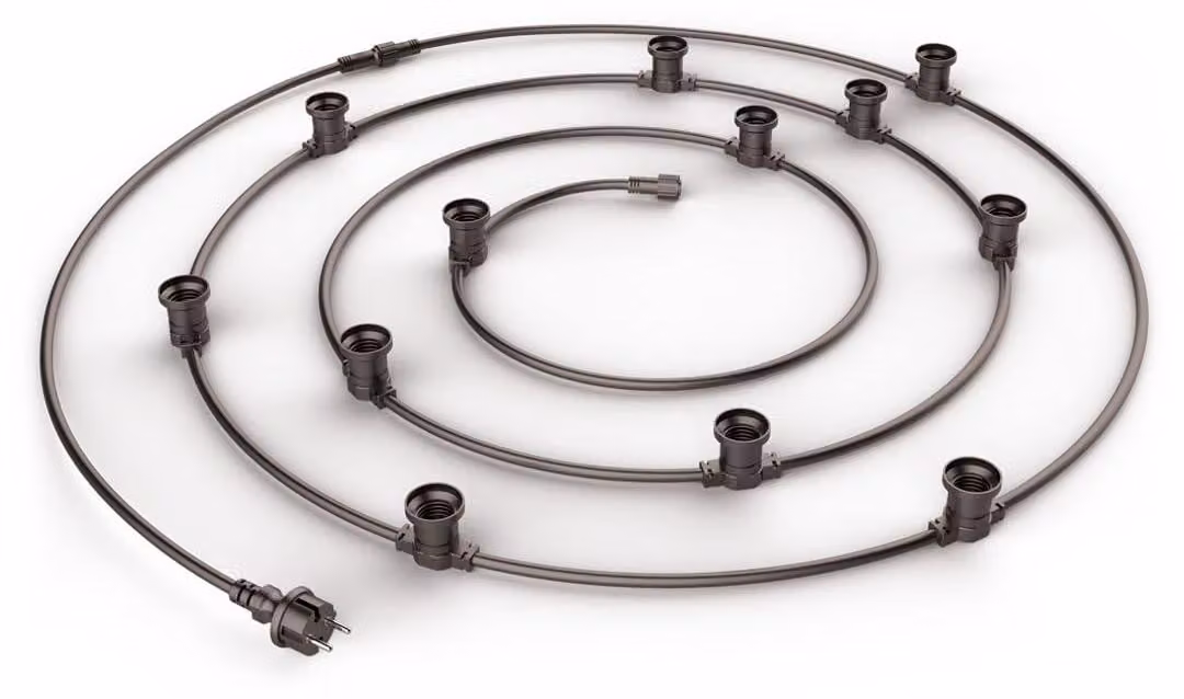 Catena luminosa a LED, 10 metri, estendibile, 10 portalampade E27, colore nero