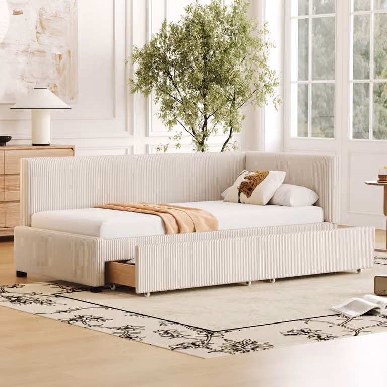 Letto imbottito Flieks 90x200cm con 2 cassetti, divano letto daybed letto singolo con rete a doghe, divano letto funzionale letto daybed letto per ospiti, velluto, beige