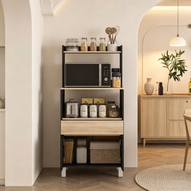 Mobile per microonde, credenza da cucina con armadio, cassetti e ripiano superiore, pratico mobile contenitore per la casa