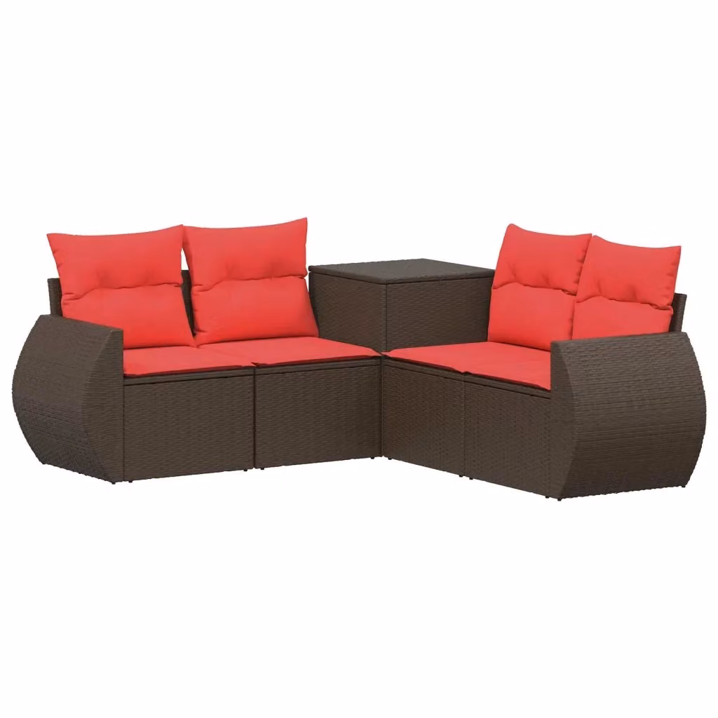 Set di divani da giardino vidaXL a forma di L con pouf e cuscini, colore marrone e rosso, in rattan e acciaio verniciato a polvere – 2