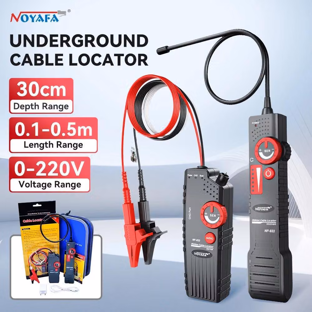 Rilevatore di cavi sotterranei - NF-822 - Profondità di rilevamento 0–0,3 m - Portata 1000 m - Protezione 250 V CA - Batteria ricaricabile al litio da 3,7 V - Soppressione dei disturbi - Pinza a coccodrillo