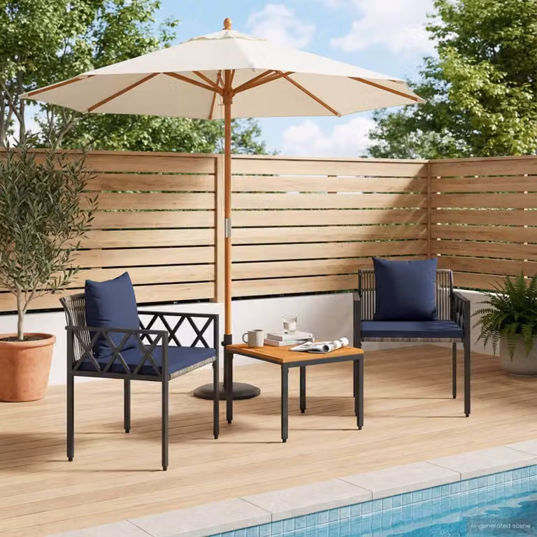 Set di mobili da giardino vidaXL in 3 pezzi in polyrattan con legno di acacia colorato grigio e blu navy
