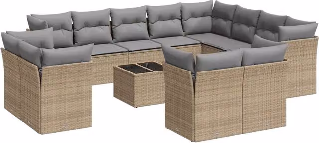vidaXL Set Divano da Giardino 13 pz a forma di U con Cuscini Beige e Tavolino in Vetro – 2