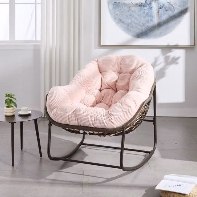 Sedia a dondolo da esterno in rattan, con cuscino e schienale, per ingresso, soggiorno, patio e giardino