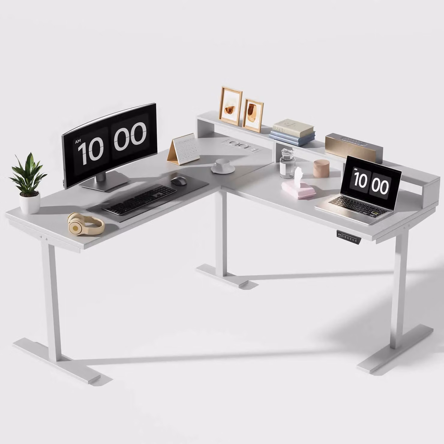 Scrivania angolare a forma di L - Scrivania per computer - 160 x 120 cm - Regolazione manuale dell'altezza - Struttura in acciaio SPCC robusta - Senza rotelle