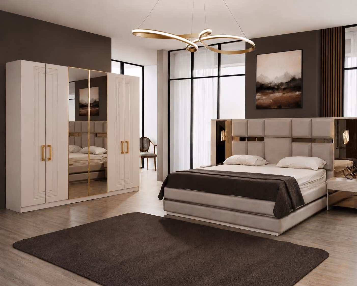 Set per camera da letto: letto, comodini, armadio, tavolino da trucco, design moderno ed elegante