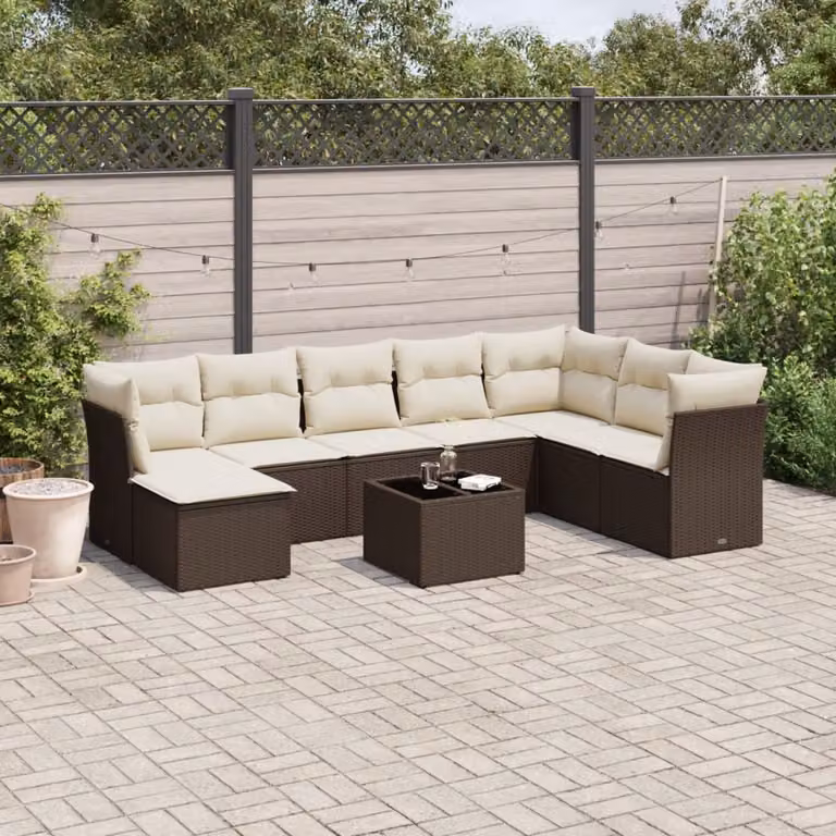 vidaXL Set Divani da Giardino a L con Cuscini Marrone e Bianco in Polyrattan e Metallo