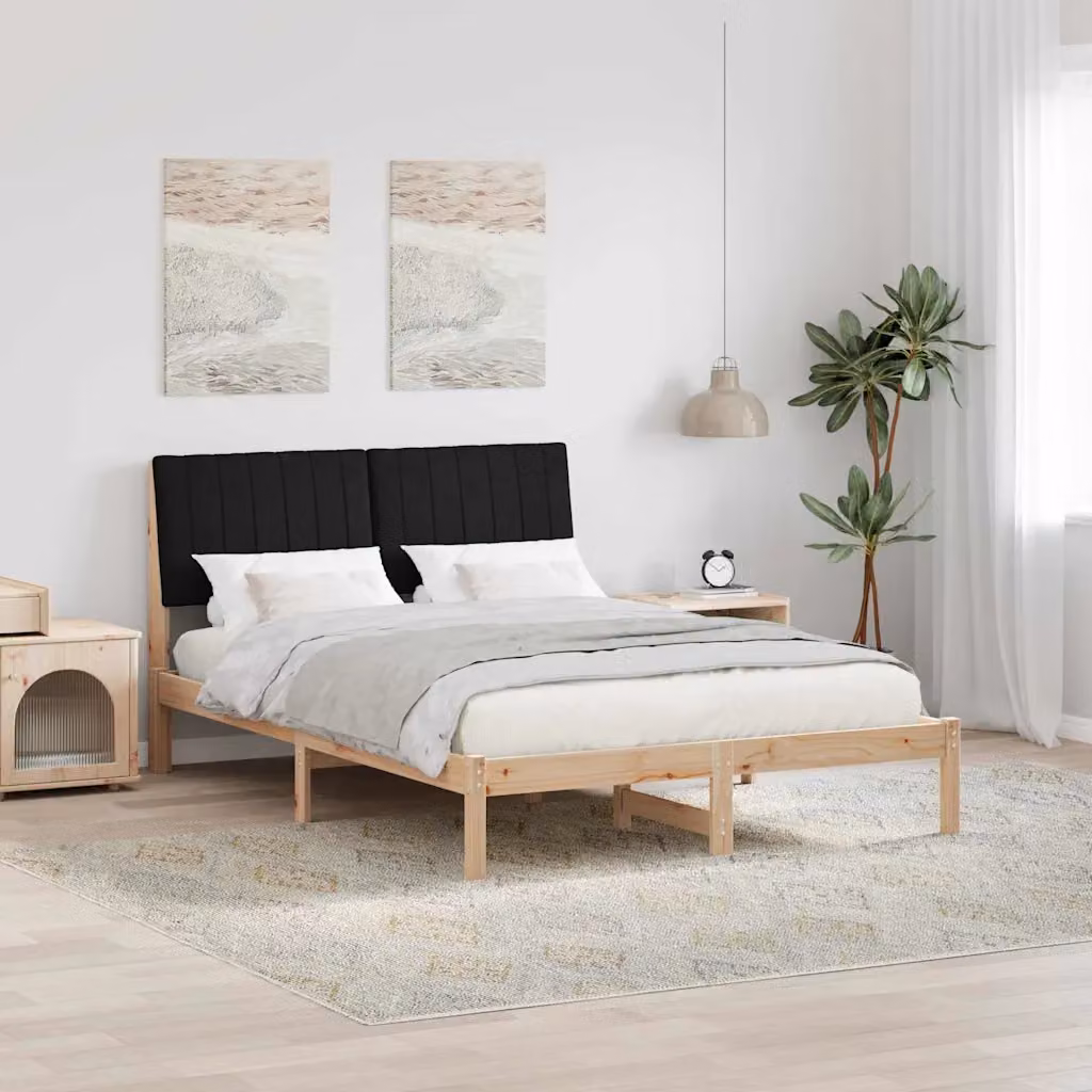 Struttura del letto moderna in pino massello vidaXL, colore marrone e nero, L/P/H: 140,5 x 200 x 207 cm