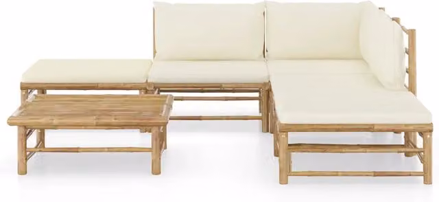 Set Salotto da Giardino 6pz con Cuscini Bianco Crema in Bambù 3058187