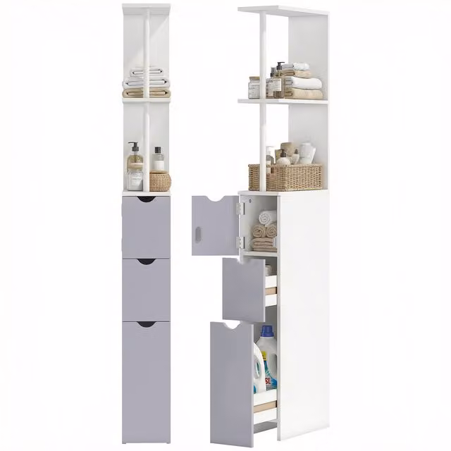 Mobiletto Bagno a Colonna Salvaspazio HOMCOM in MDF Bianco con 2 Cassetti, Armadietto e Ripiano Aperto, L/P/H: 15 x 33 x 136.5 cm