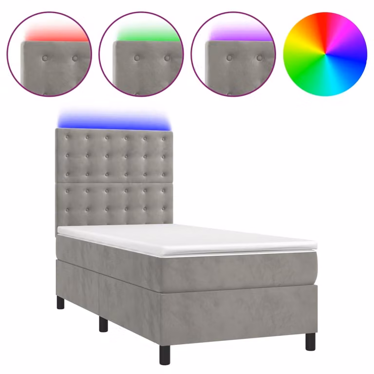 Letto a Molle Materasso e LED Grigio Chiaro 90x190 cm Velluto