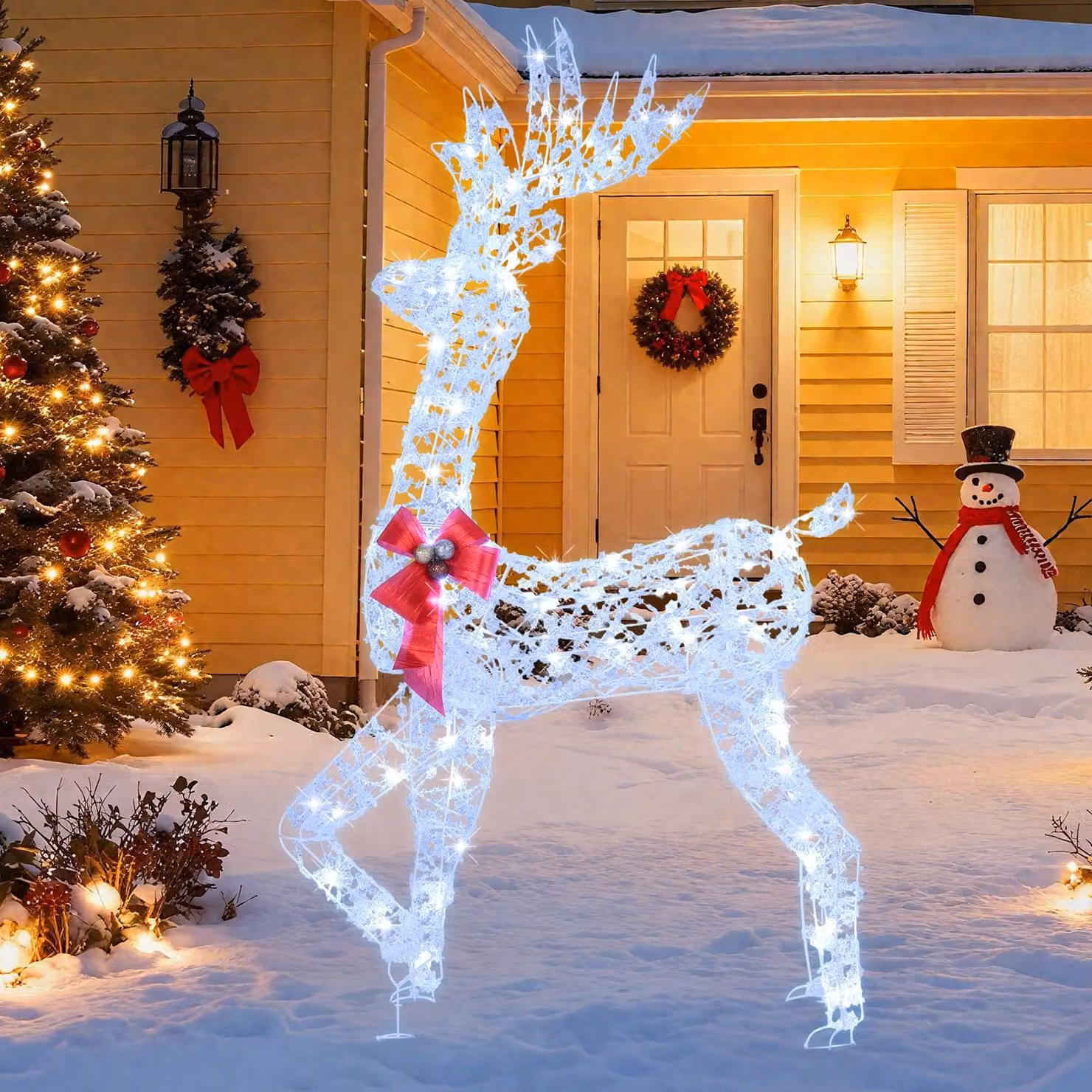 COSTWAY LED Rentier, decorazione natalizia, 150 cm, statuetta di renna con 100 luci bianche fredde, decorazione natalizia, illuminazione per esterni, colore bianco