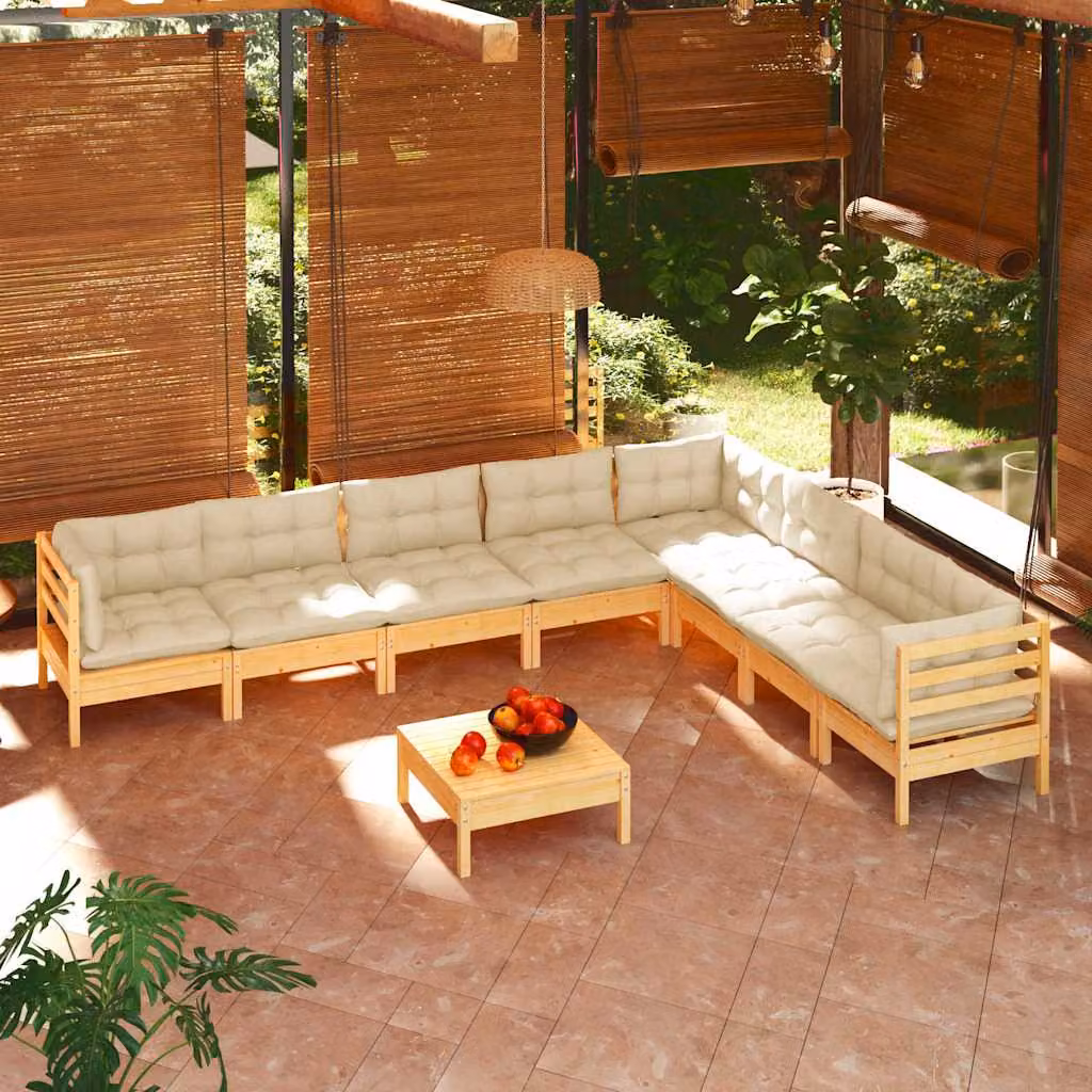 vidaXL Set Divani da Giardino a L in Legno Massello di Pino con Cuscini Beige 9 pz