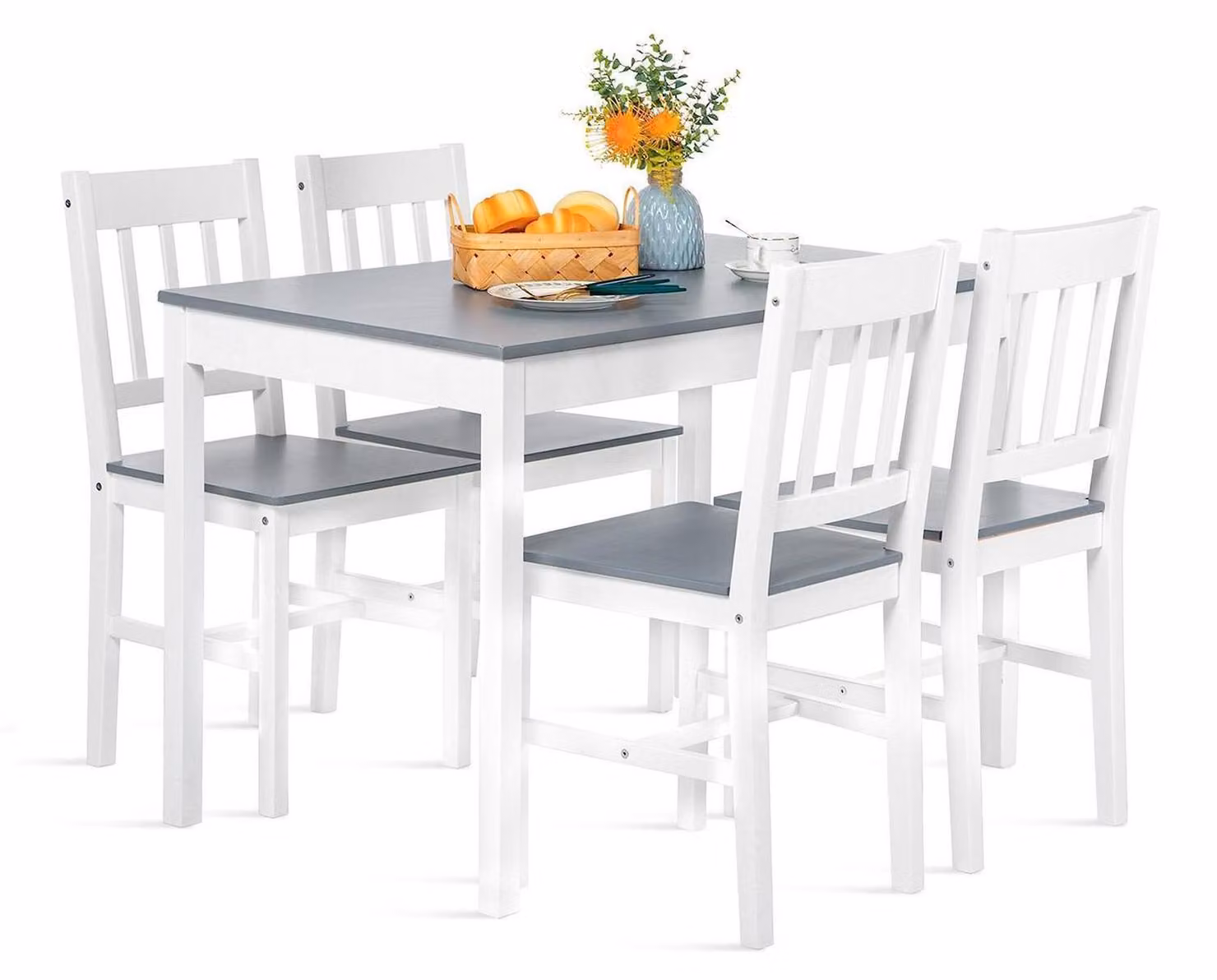 Tavolo da pranzo con 4 sedie, in legno massello di pino, colore grigio/bianco, dimensioni 108x65x73 cm
