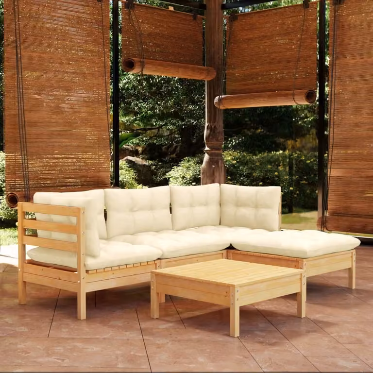 The Living Store Set salotto da giardino 5 pezzi con cuscini crema legno di pino