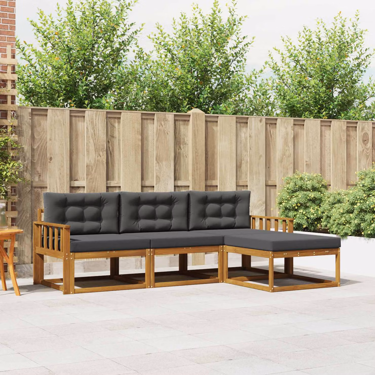 Set di divani da esterno vidaXL 4 pz in legno di acacia con cuscini, forma a L, colore marrone e antracite