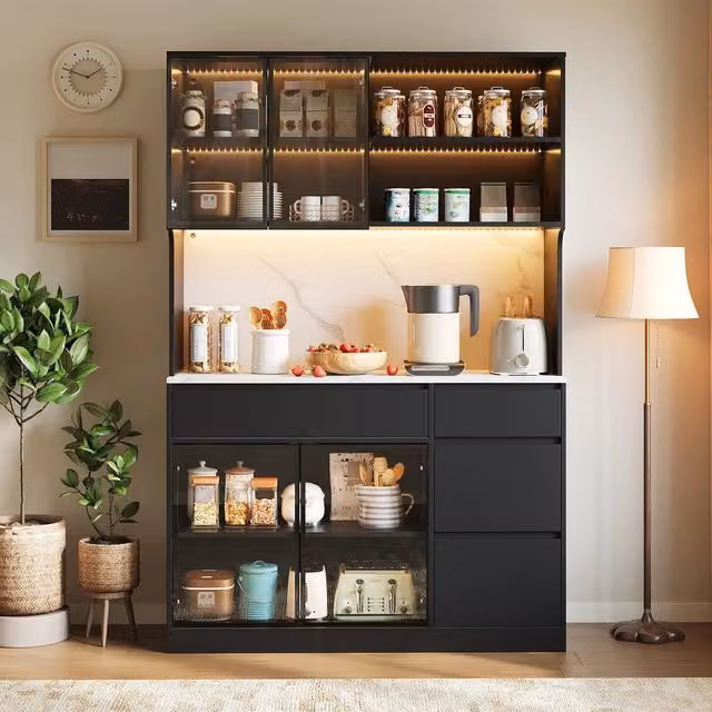 Mobile alto credenza vetrina ¨C Minimal ¨C nero bianco effetto marmo MDF luci LED spazio stoccaggio