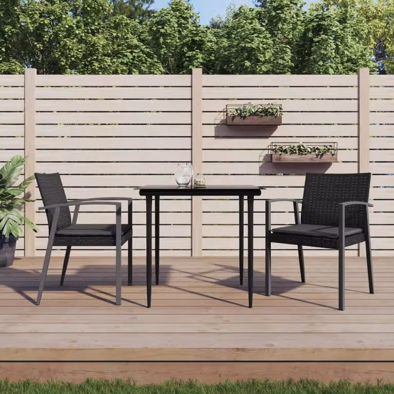 Set da pranzo da giardino moderno vidaXL in polyrattan e vetro con cuscini, nero e grigio