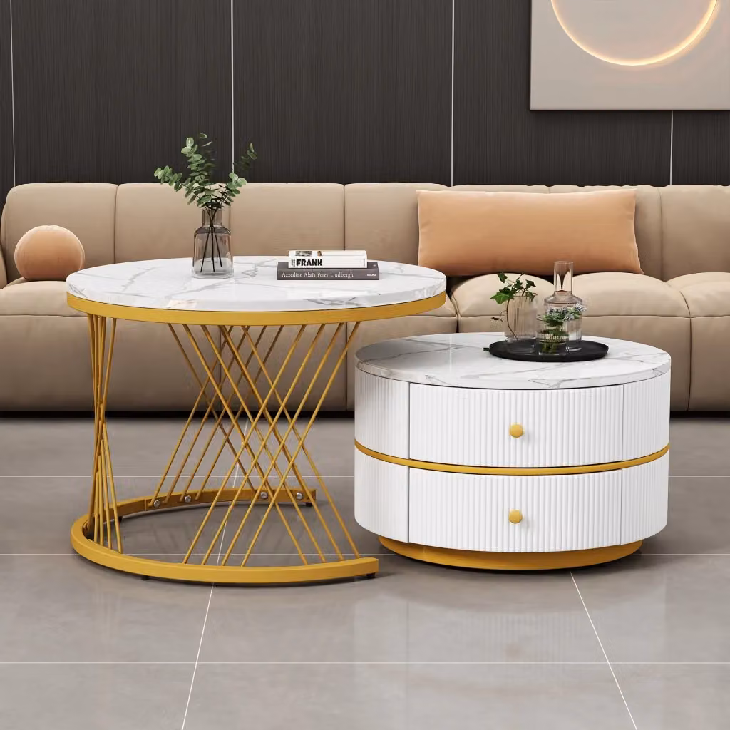 Set di 2 tavolini bassi impilabili OKWISH con piano effetto marmo lucido e 2 cassetti, design moderno rotondo, colore bianco – 2