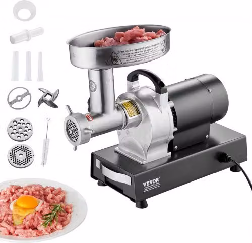 VEVOR Tritacarne Elettrico Industriale da Banco in Acciaio Inossidabile Argento con Insaccatrice e Capacità 2,72 kg/min