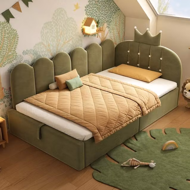 Letto da giorno L con contenitore 90x190 cm in velluto verde; design corona